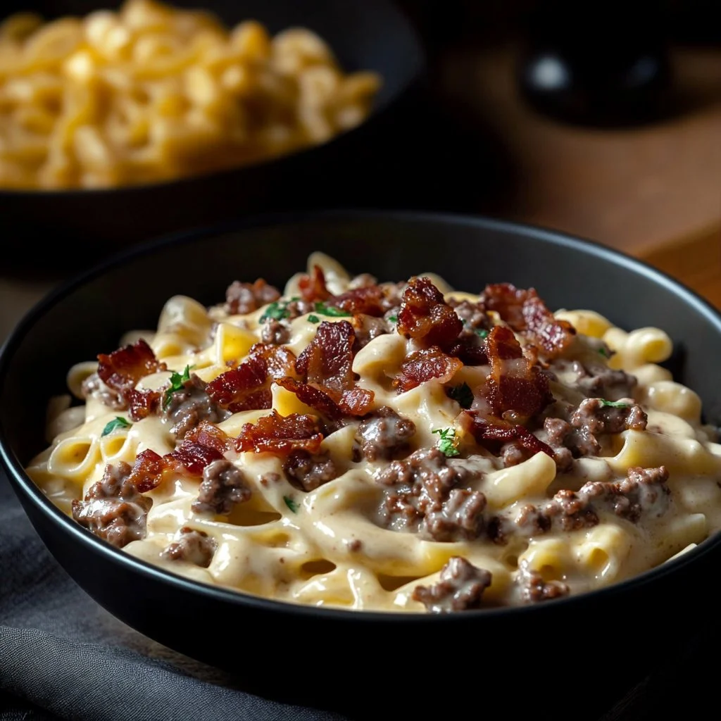 Delicious Loaded Bacon Cheeseburger Alfredo Pasta topped with crispy bacon