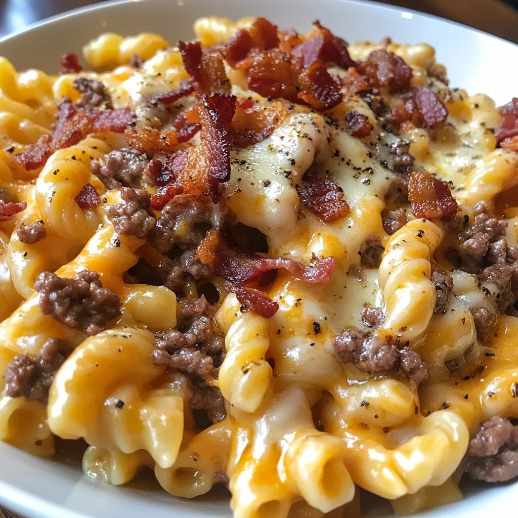 Delicious loaded bacon cheeseburger pasta topped with cheese and bacon.