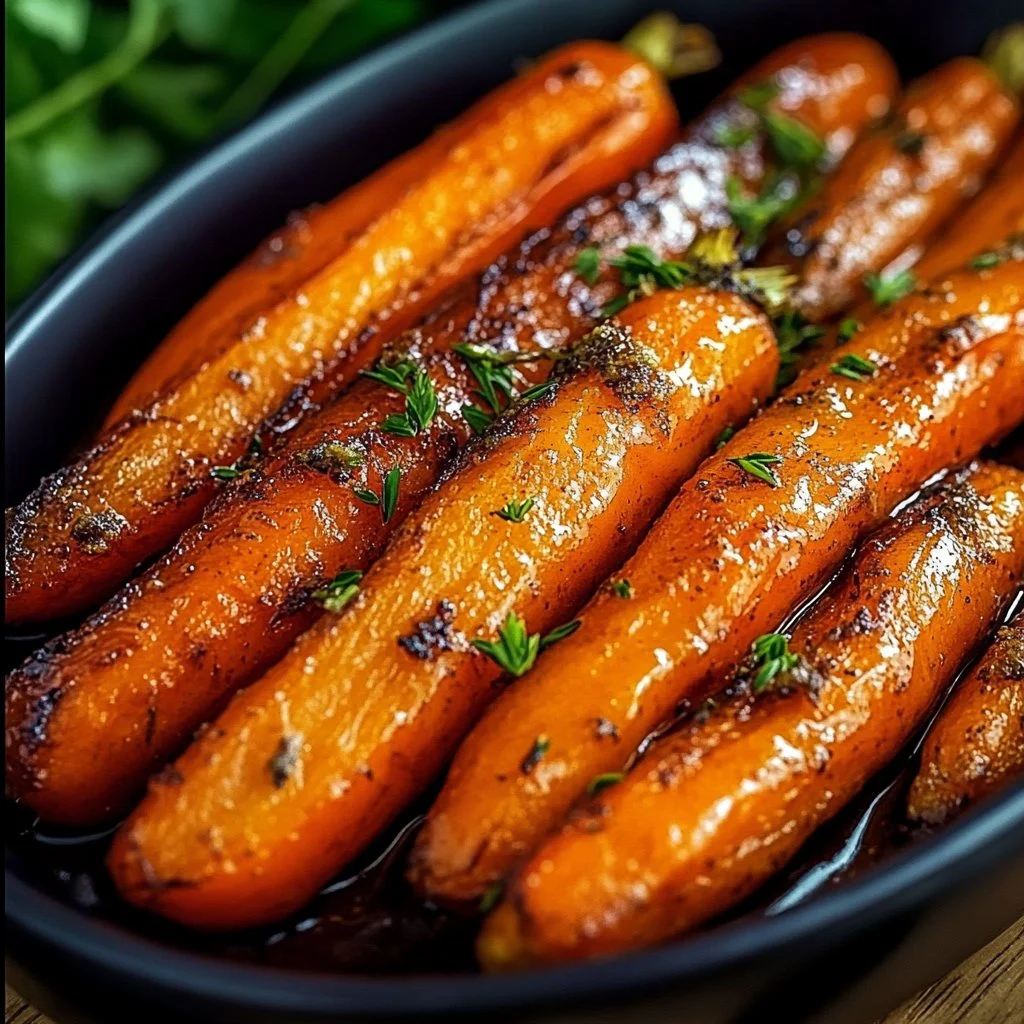 Maple Dijon Roasted Carrots with a glossy glaze on a serving platter
