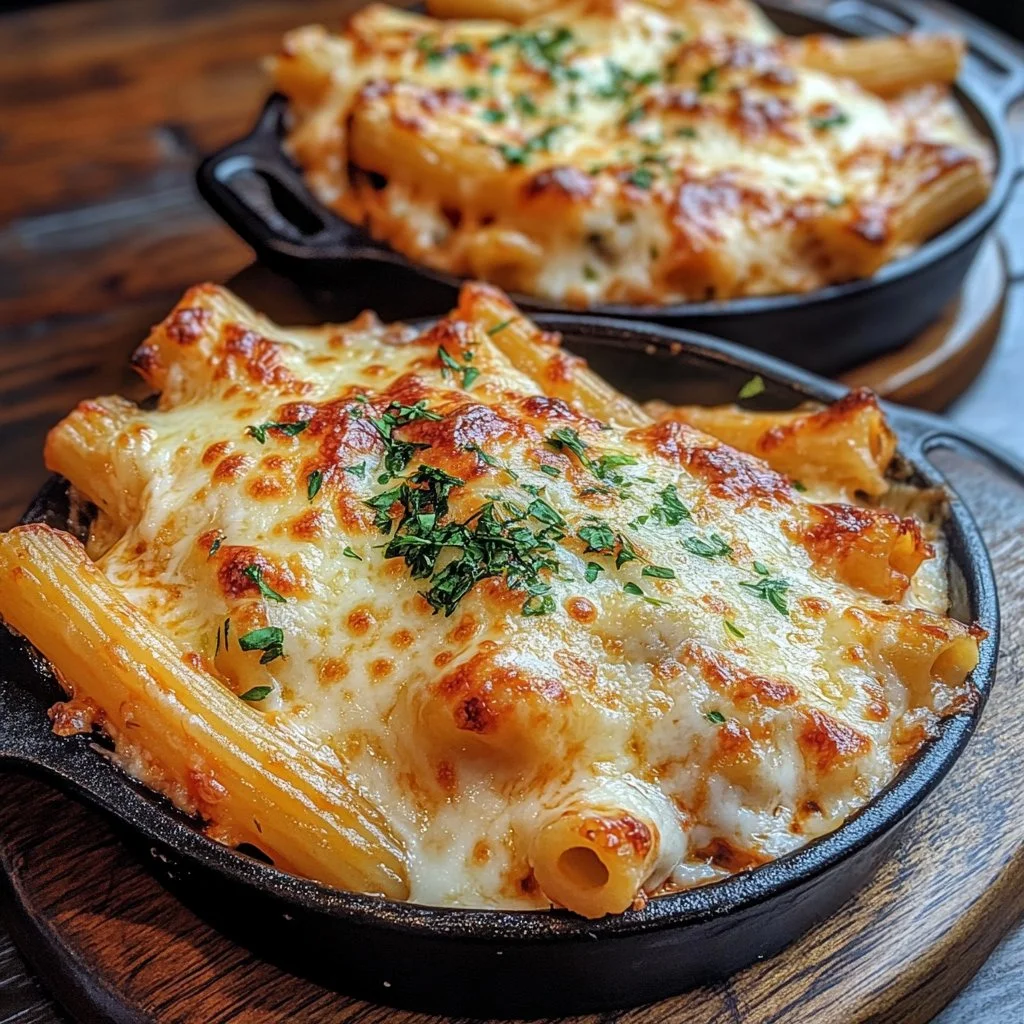 Delicious Million Dollar Baked Ziti served in a baking dish with melted cheese on top