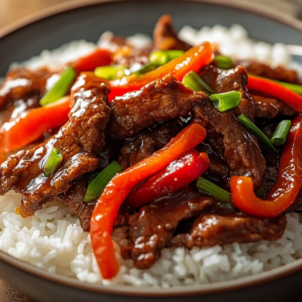 Delicious plate of Mongolian Beef with tender beef and savory sauce