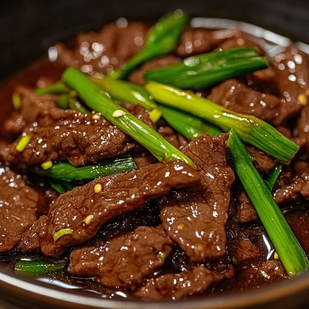Plate of Mongolian Beef garnished with green onions and served with rice