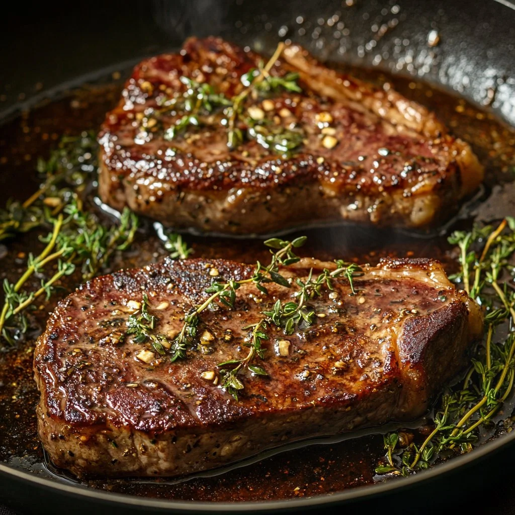 Succulent New York Strip Steak garnished with garlic herb butter on a plate.