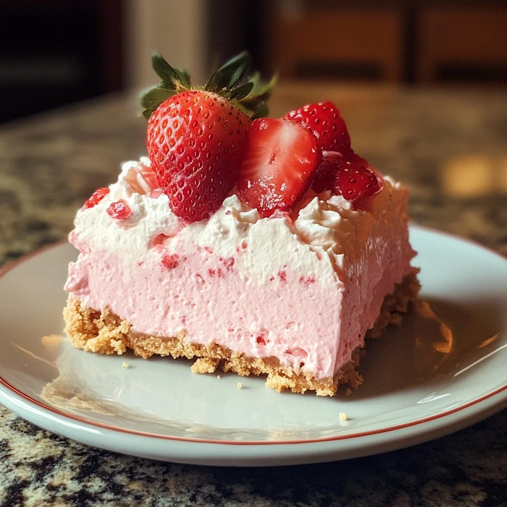 No-Bake Strawberry Cheesecake Lush dessert with fresh strawberries and cream layers