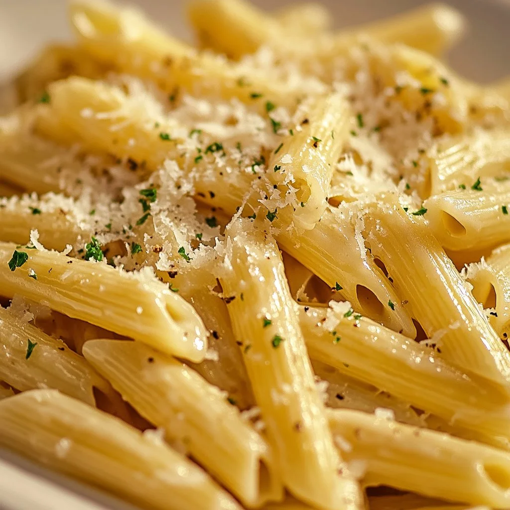 One Pot Creamy Garlic Pasta served in a bowl with garnishes