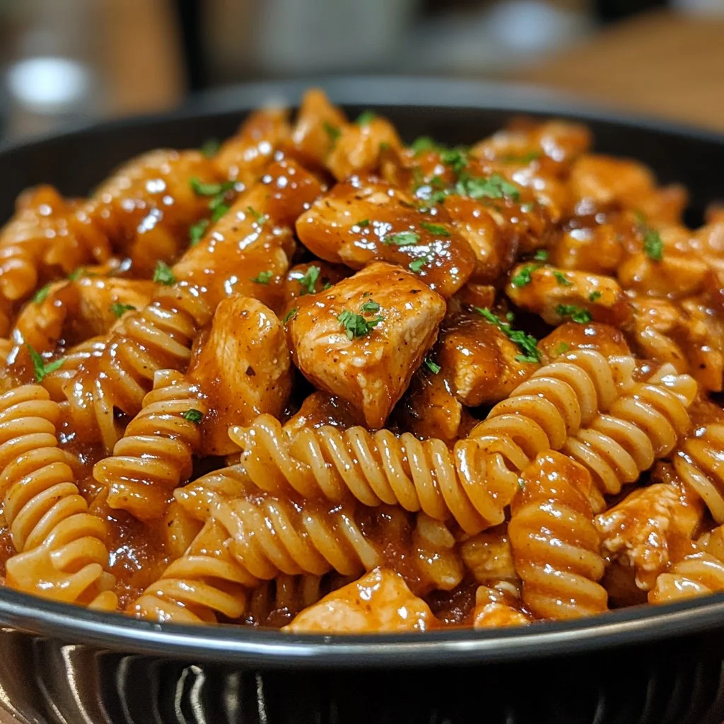 One-Pot Honey Garlic BBQ Chicken Pasta dish served in a bowl