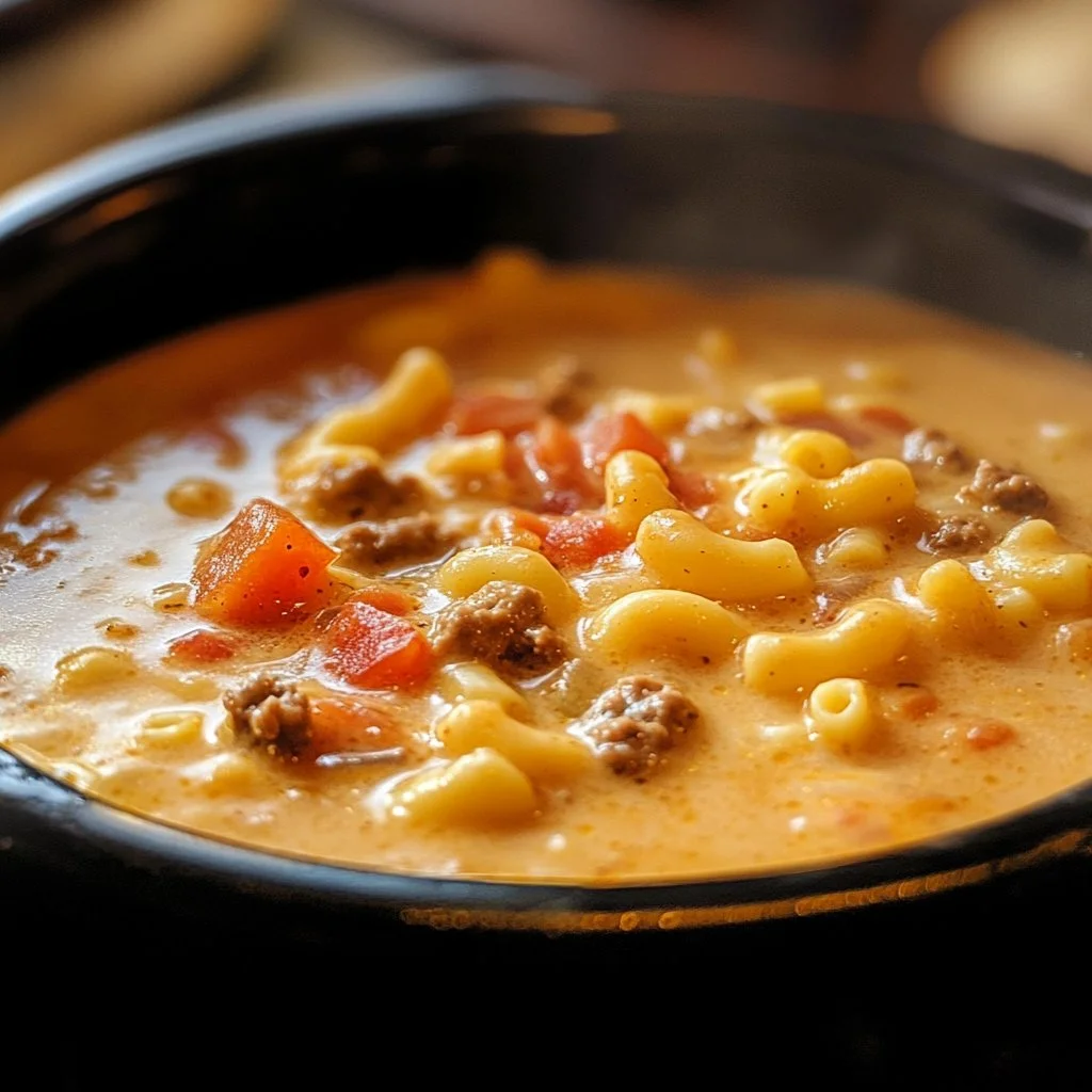 One-pot macaroni cheeseburger soup in a bowl, garnished with cheese and herbs.