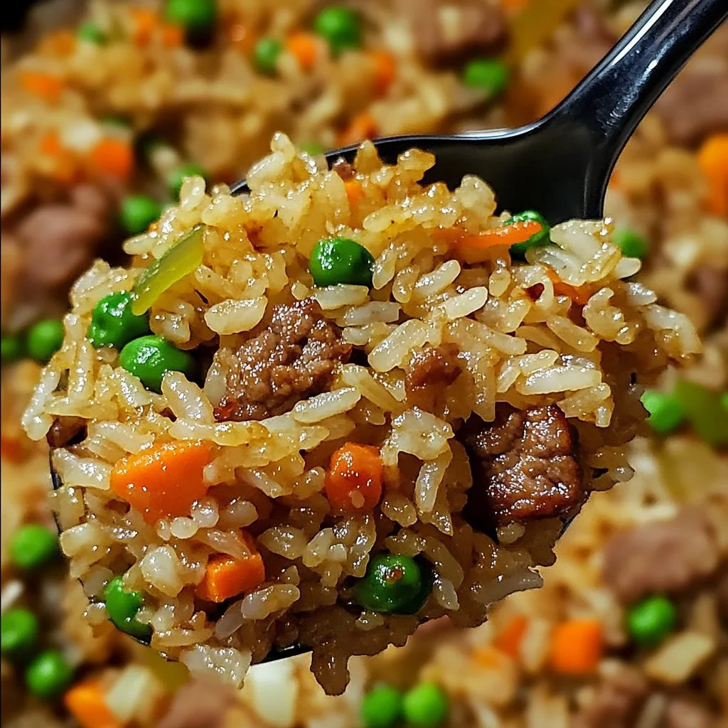 Delicious onion beef fried rice topped with fresh herbs