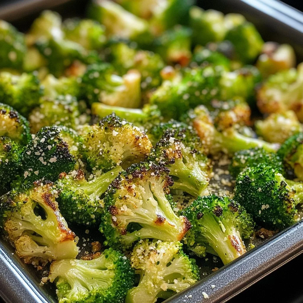 Deliciously oven roasted broccoli served as a healthy side dish