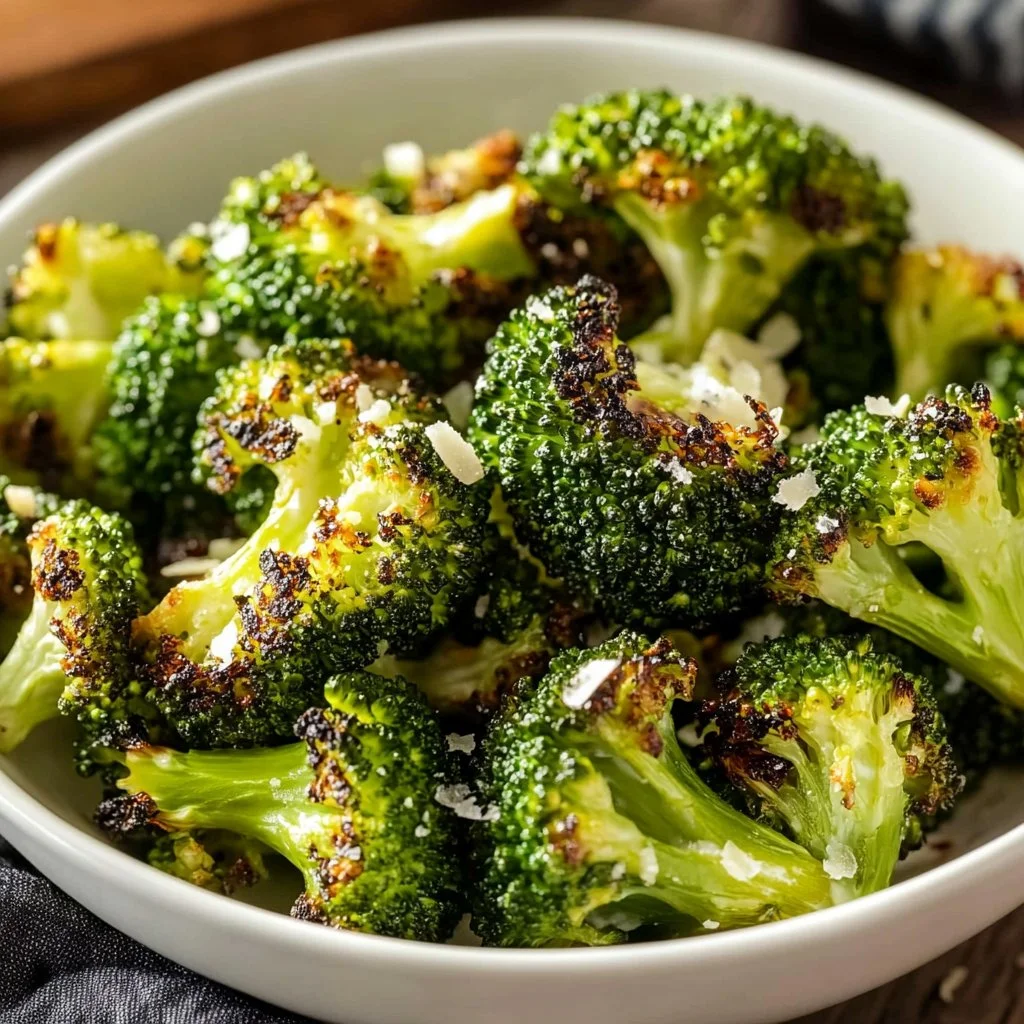 Crispy oven roasted broccoli on a baking sheet, ready to serve