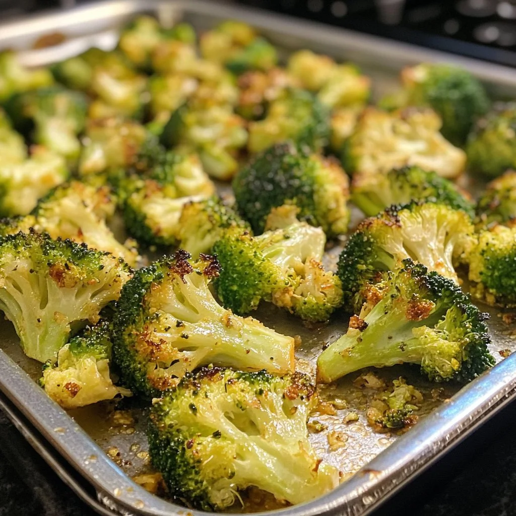 Oven-roasted broccoli with lemon-garlic dressing on a plate