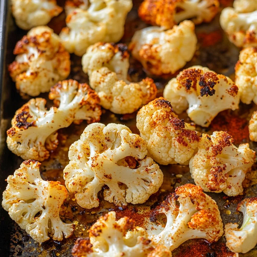 A dish of crispy oven-roasted cauliflower with seasoning and garnish