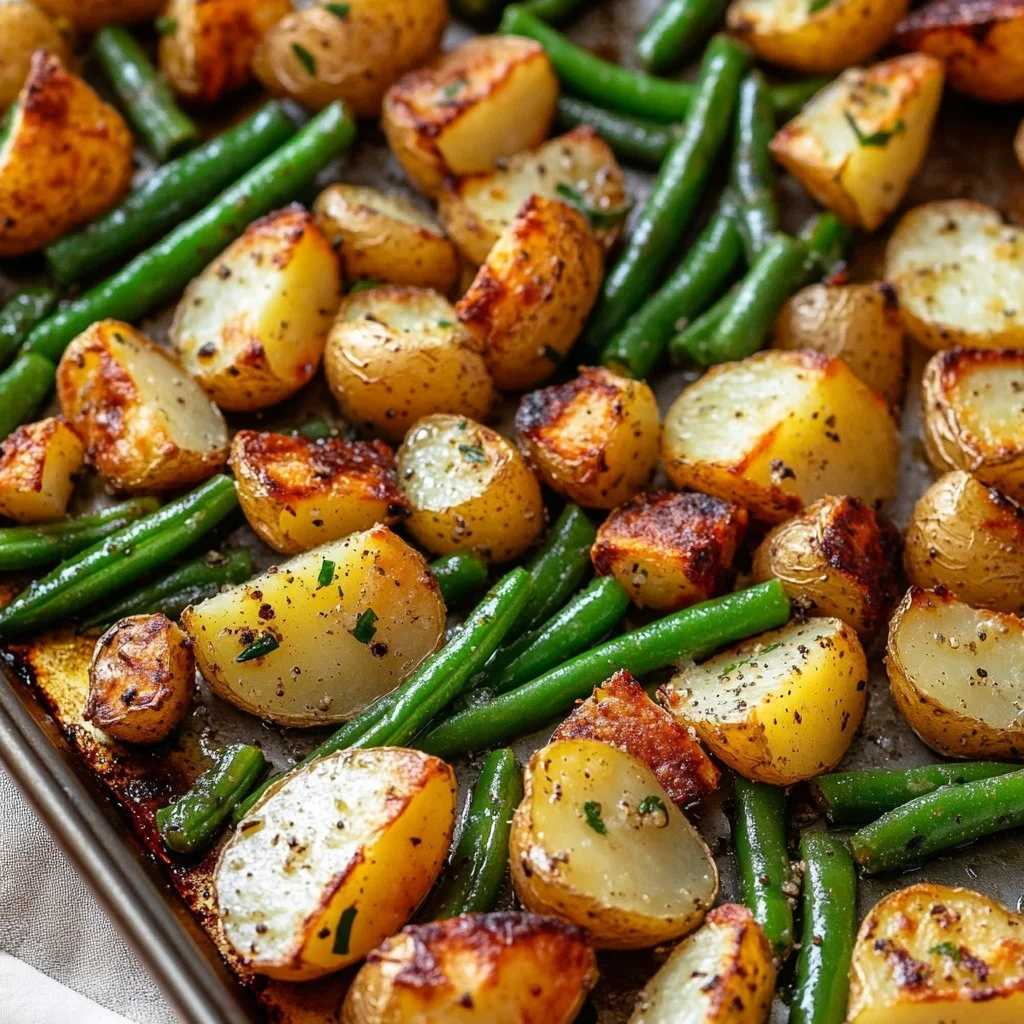 Plate of oven-roasted potatoes and green beans garnished with herbs.