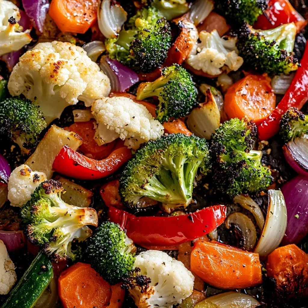 Colorful tray of oven roasted vegetables including carrots, bell peppers, and zucchini