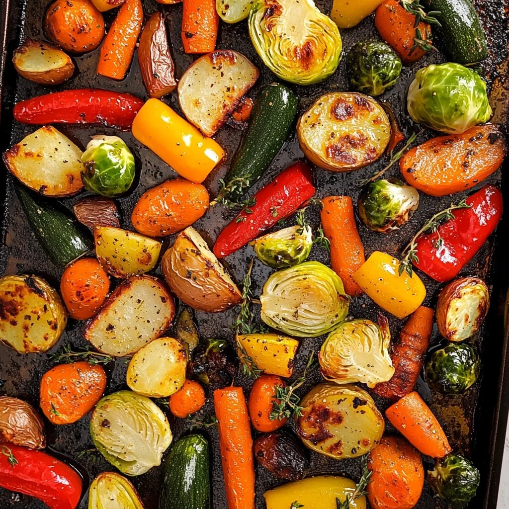 Colorful array of oven-roasted vegetables on a baking tray.