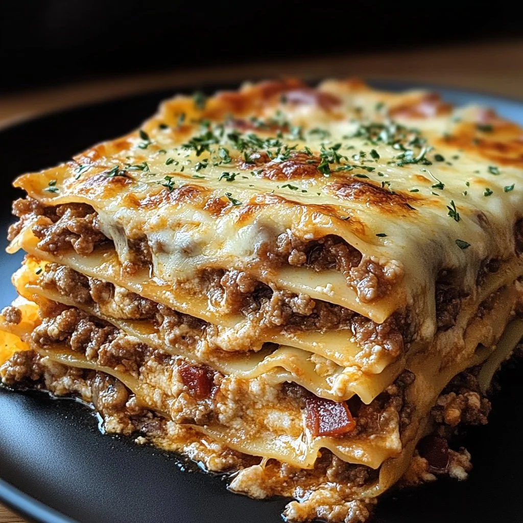 Parmesan Garlic Bacon Cheeseburger Lasagna with layers of cheese and bacon.