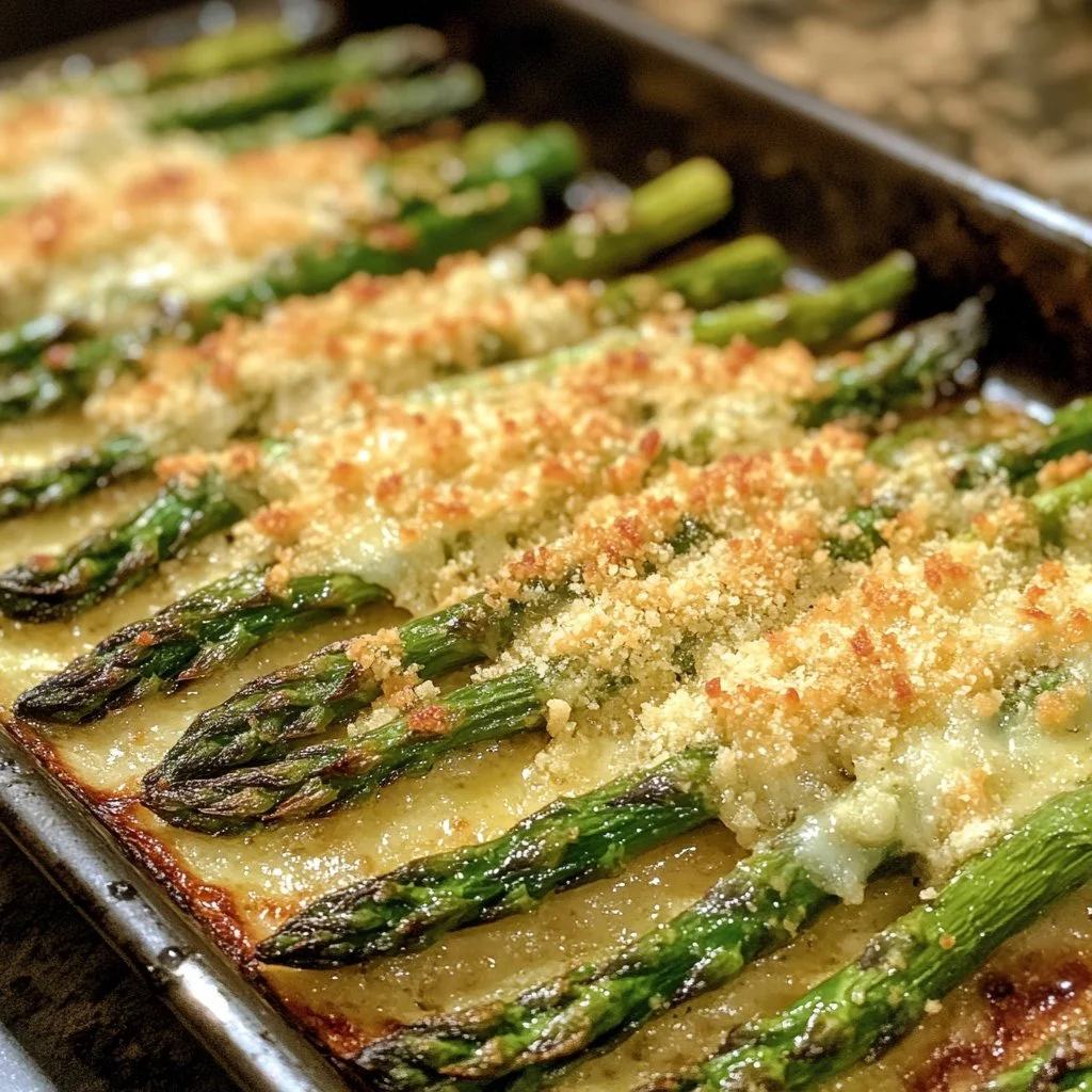 Delicious Parmesan Roasted Asparagus on a serving platter.