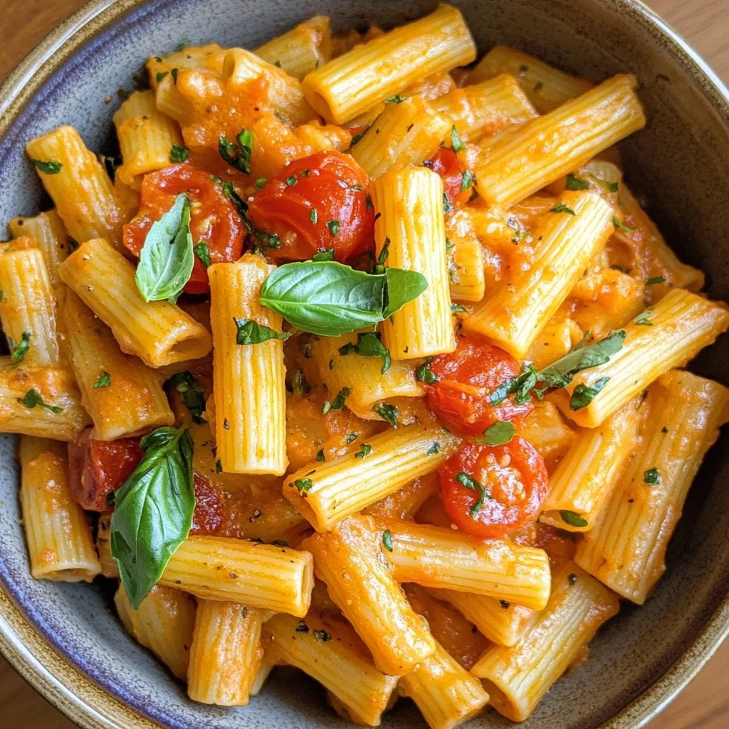Delicious plate of Penne Naples pasta with rich tomato sauce and fresh basil.