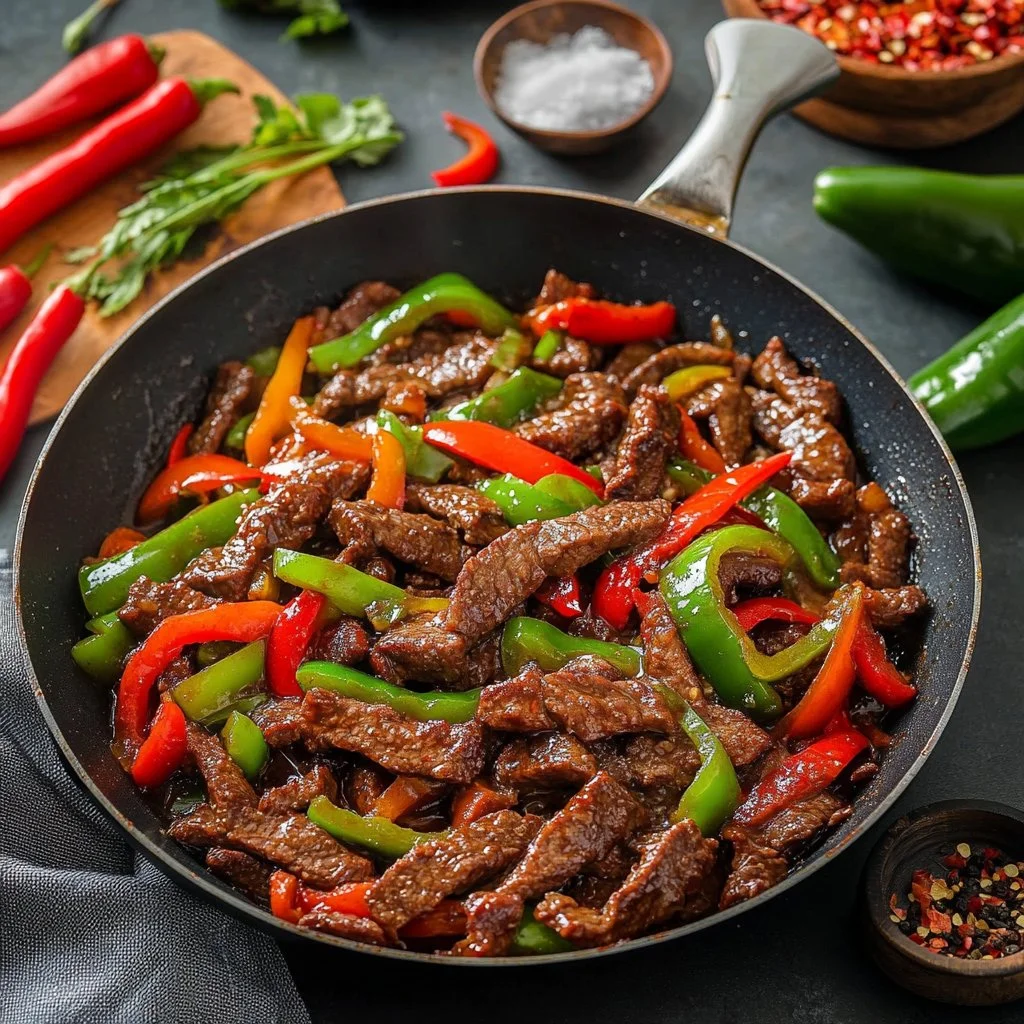 Delicious pepper steak stir fry served in a bowl with vibrant vegetables.