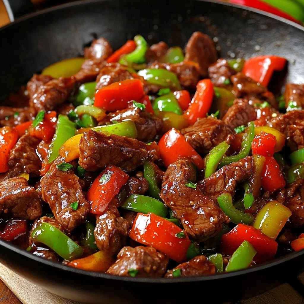 Delicious pepper steak stir fry served in a bowl with colorful vegetables.