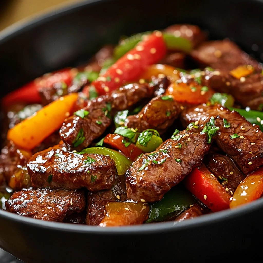Delicious pepper steak served with vibrant bell peppers and onions
