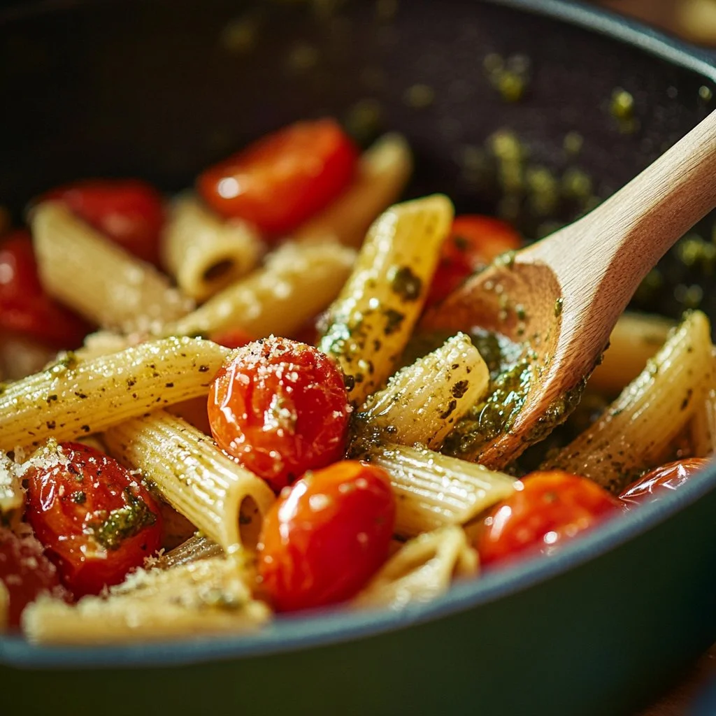 Pesto Penne with Burst Cherry Tomatoes served in a bowl, showcasing vibrant colors and fresh ingredients.