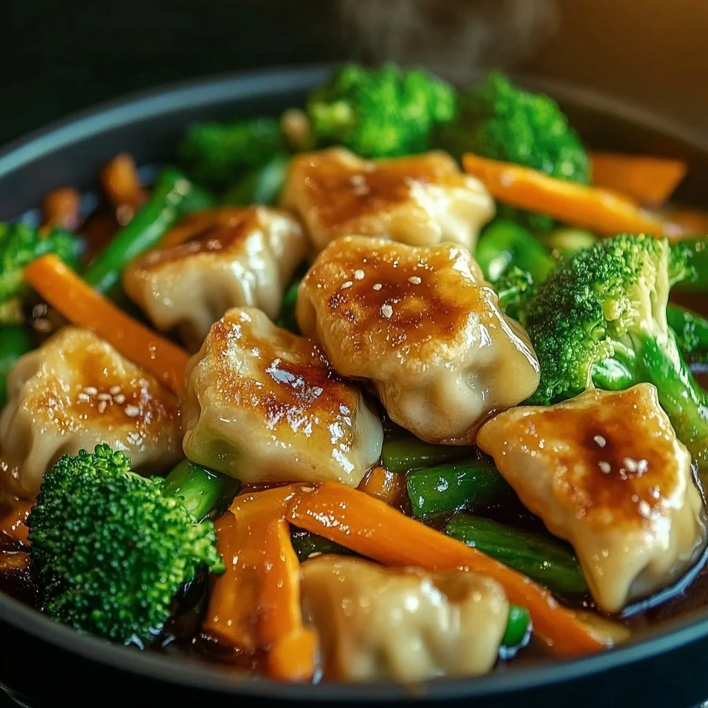 Delicious Potsticker Stir Fry with veggies and potstickers served in a bowl