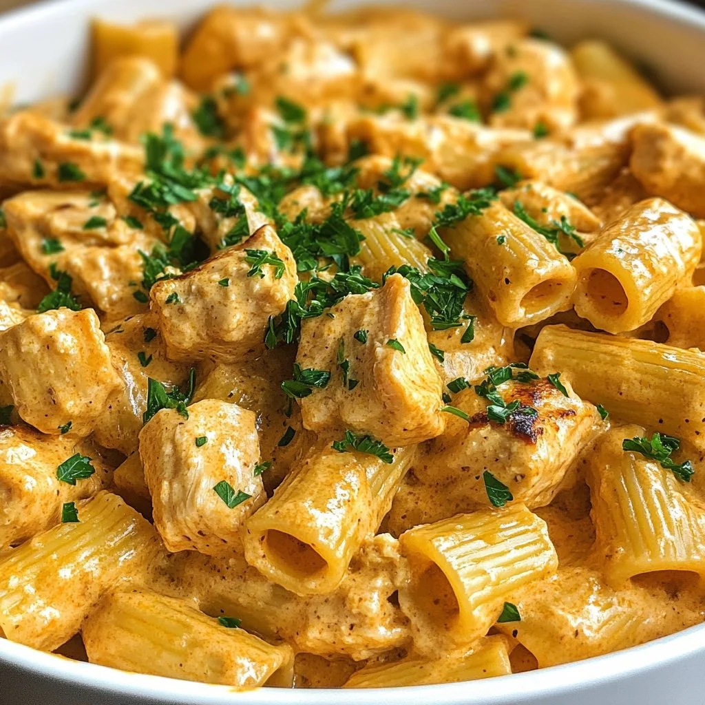 Delicious creamy ricotta chicken pasta garnished and ready to serve