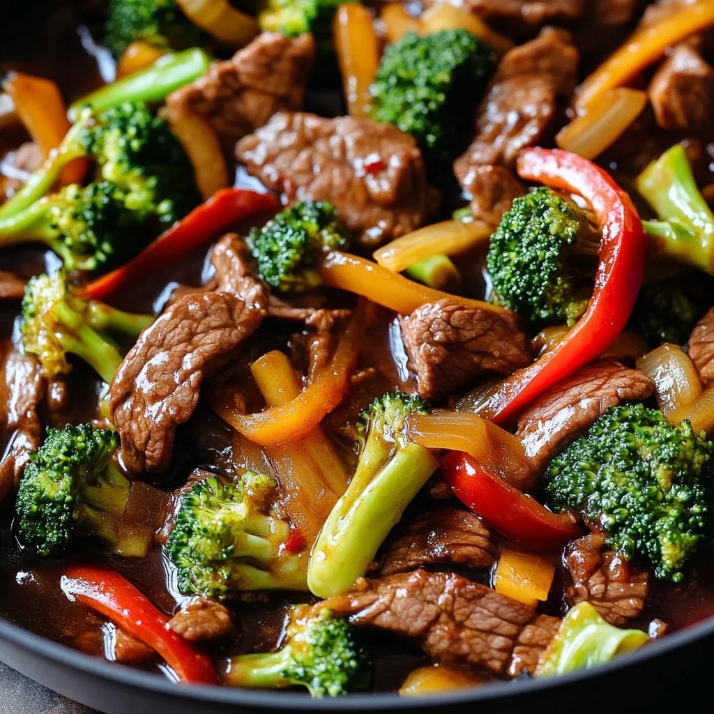 Delicious quick and simple beef stir fry with colorful vegetables in a skillet.