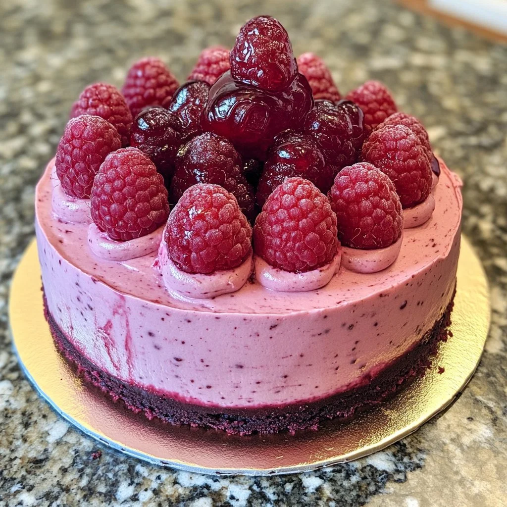 Delicious Raspberry Mousse Cake with rich filling and garnished with fresh raspberries