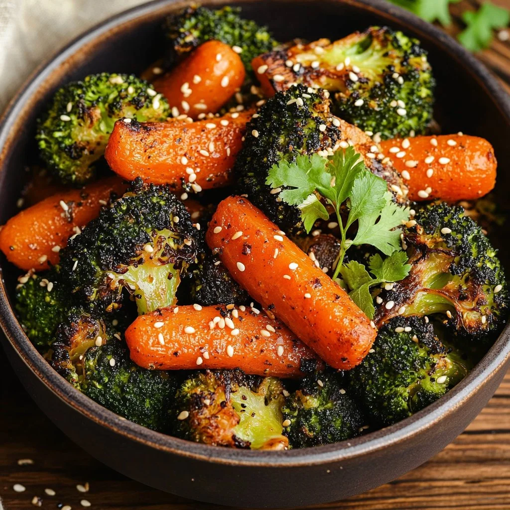 Oven-roasted broccoli and carrots plated as a healthy side dish