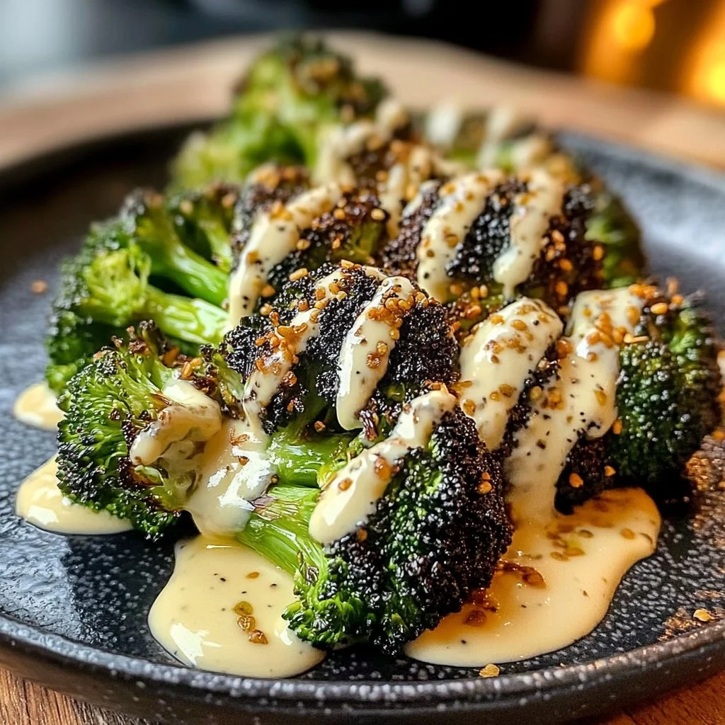 Roasted broccoli topped with Caesar-style sauce and smoky seed drizzle