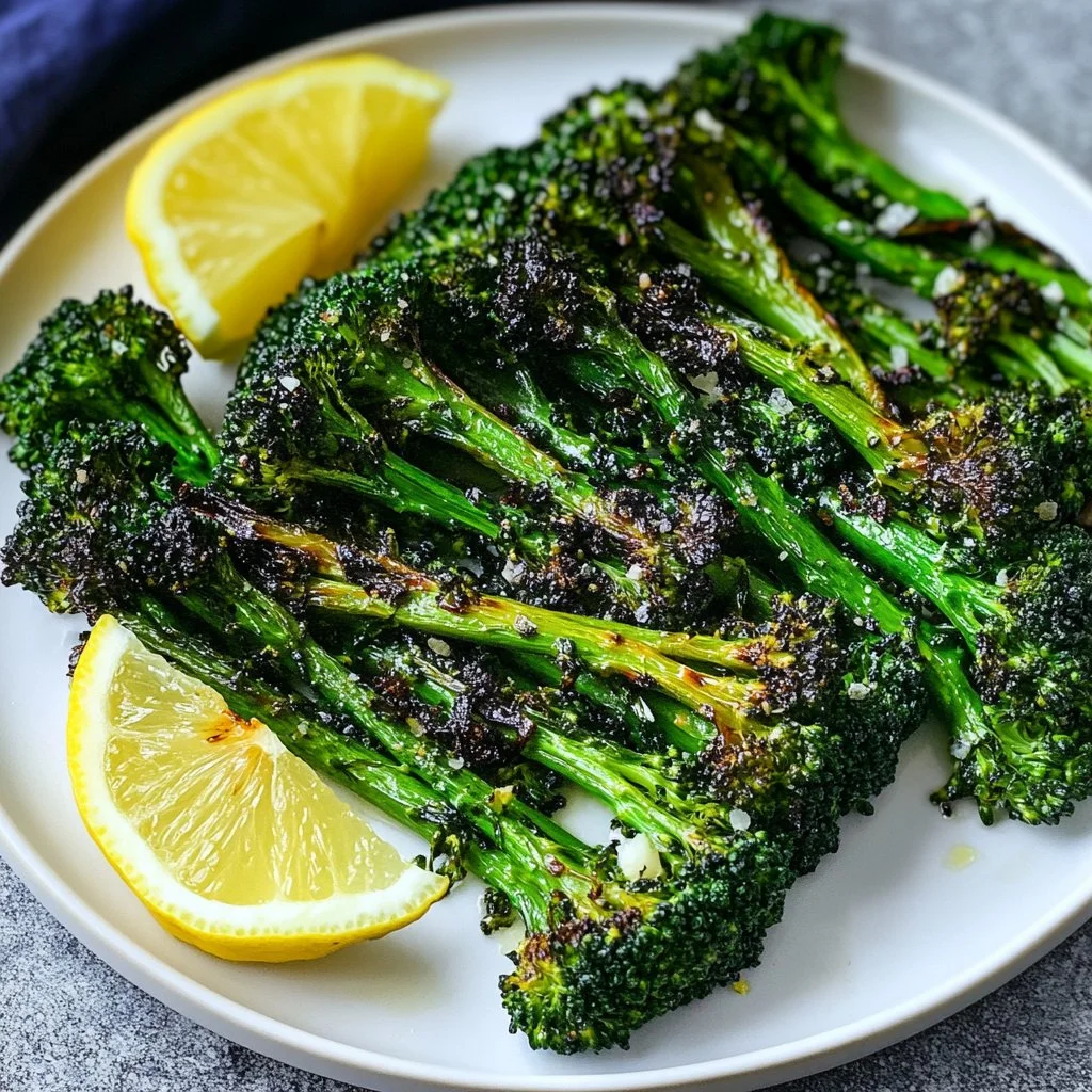 A plate of perfectly roasted broccolini garnished with lemon and garlic.