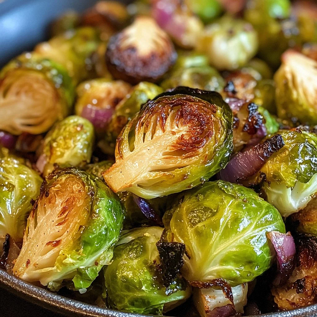 Plate of roasted Brussels sprouts garnished with herbs