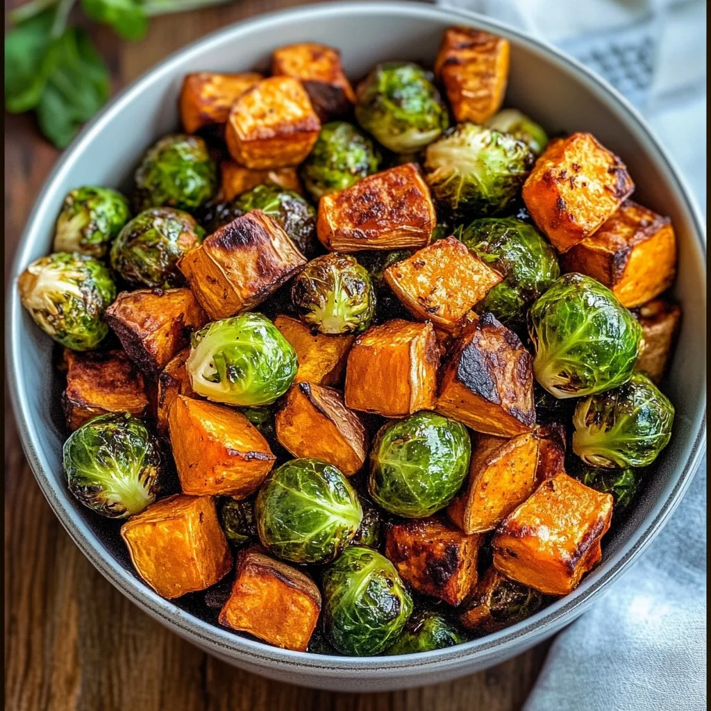 Roasted Brussels sprouts and sweet potatoes dish, garnished and ready to serve.