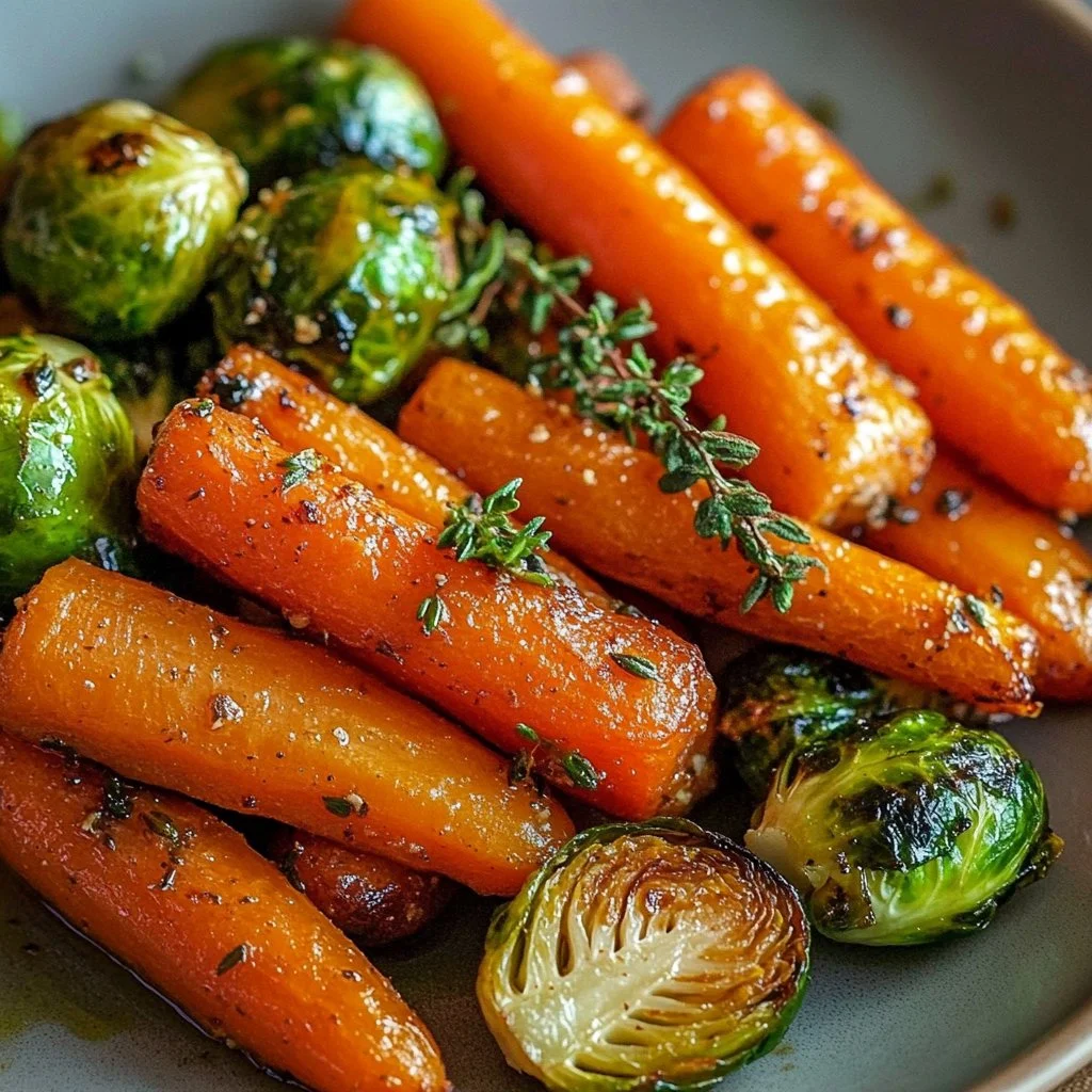 Plate of roasted carrots and Brussels sprouts garnished with herbs