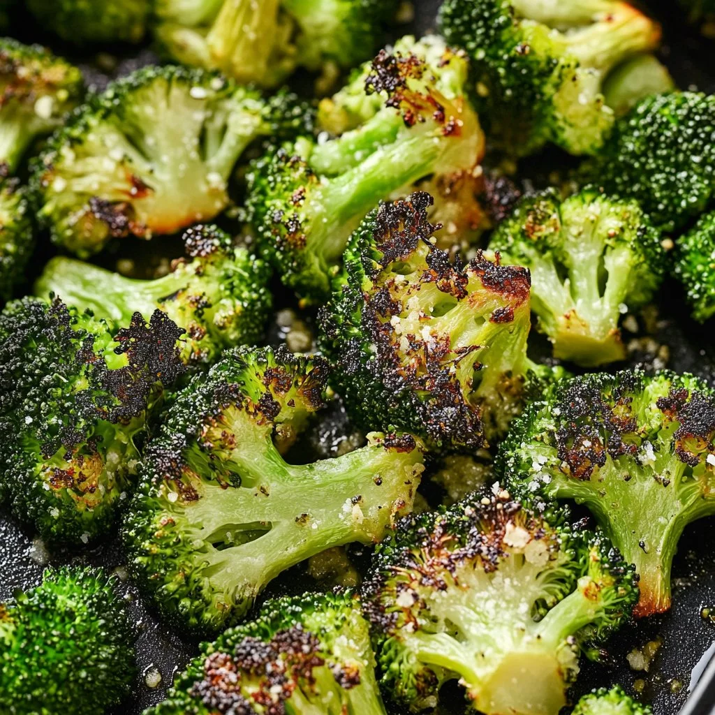 Bowl of roasted frozen broccoli seasoned with garlic and olive oil