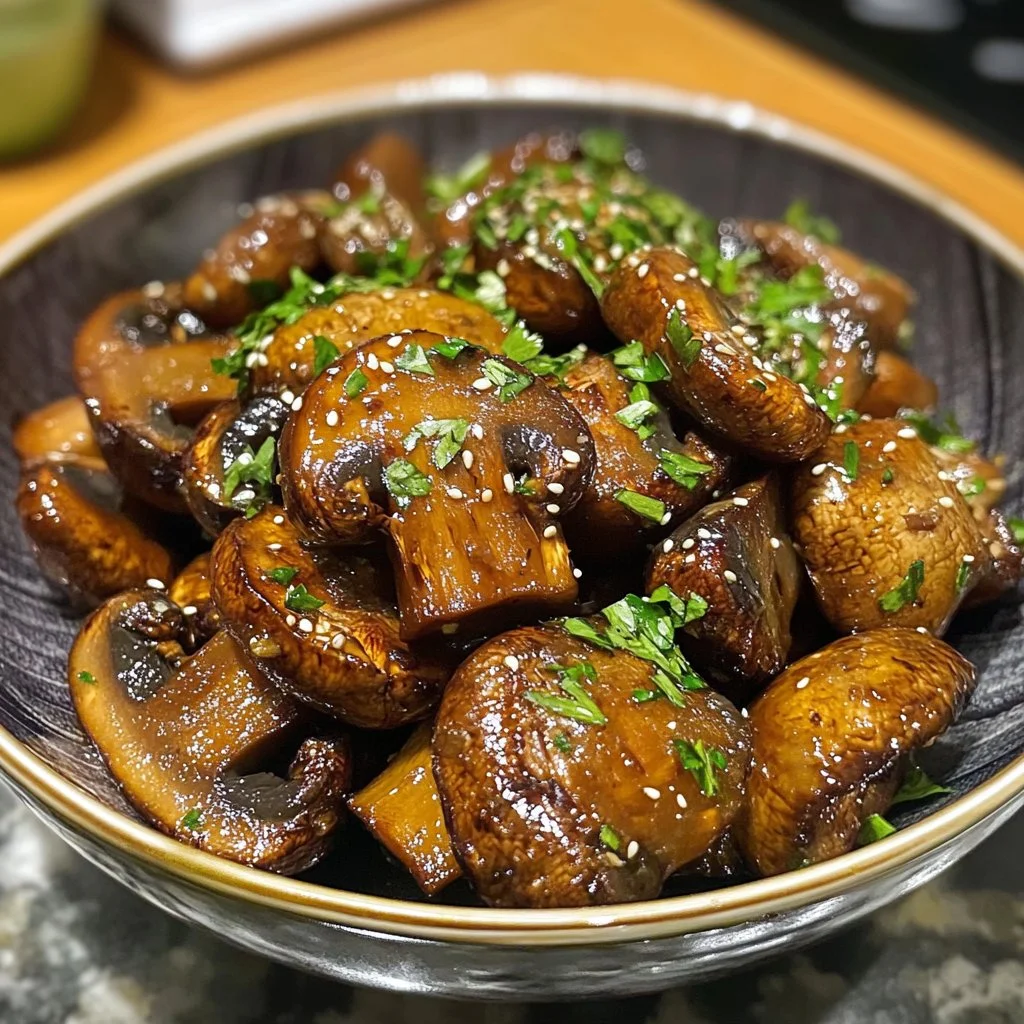 Plate of roasted garlic soy mushrooms garnished with herbs.