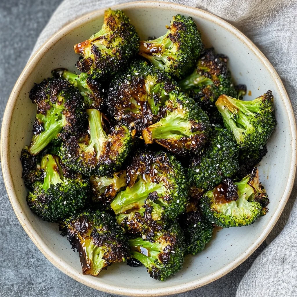 Plate of roasted miso broccoli garnished and ready to serve