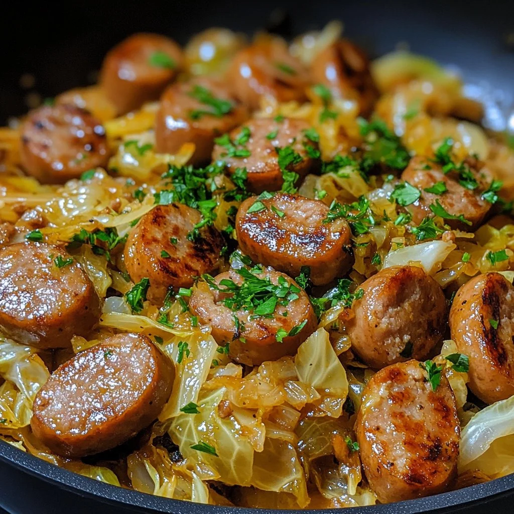 Sausage and cabbage stir fry dish served on a plate with colorful vegetables.