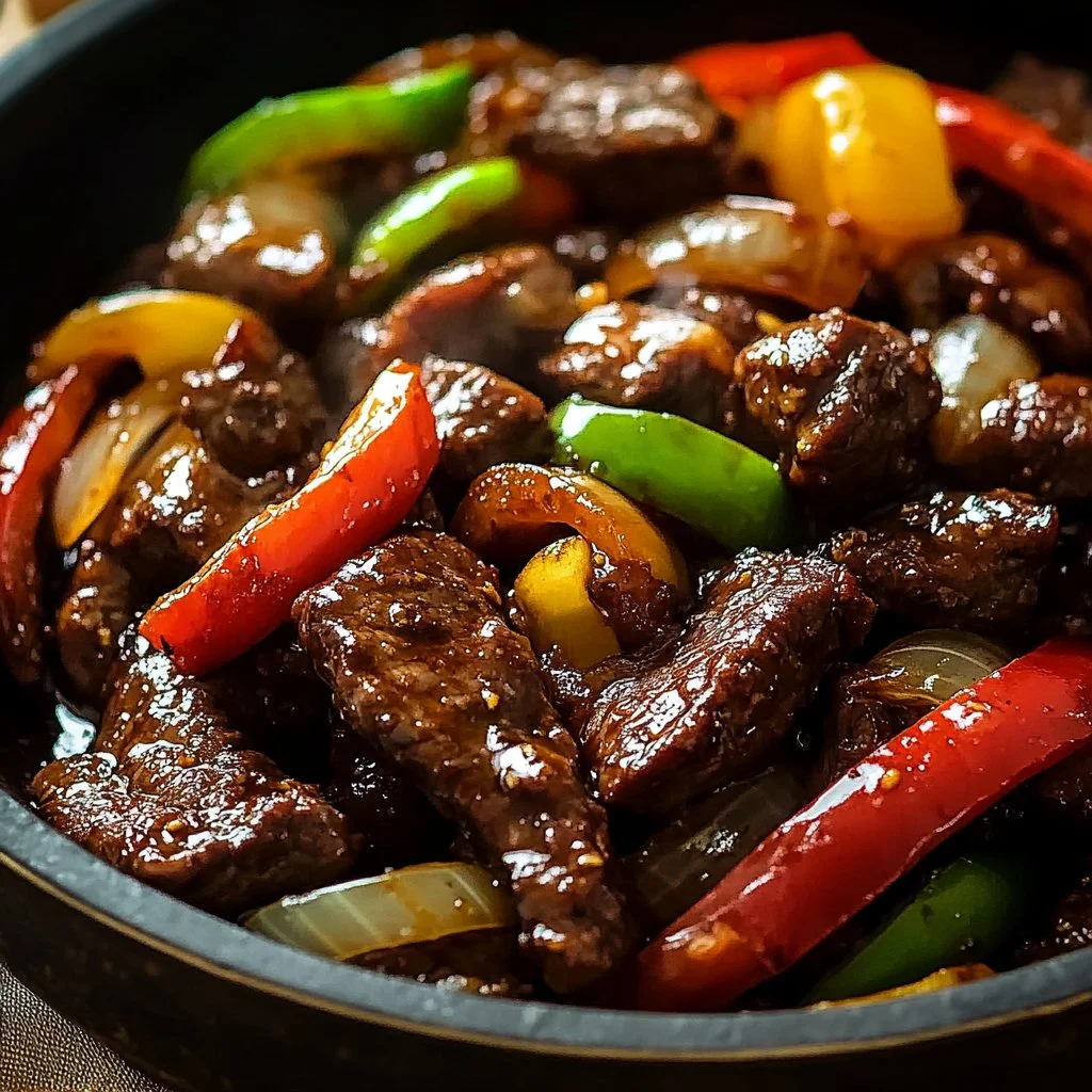 Delicious Chinese pepper steak with onions served on a sizzling plate