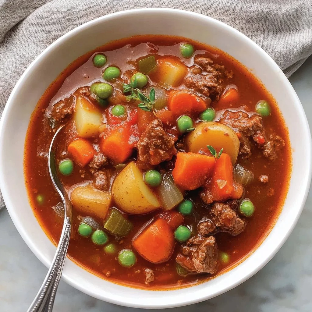 Delicious slow cooker ground beef stew in a bowl with vegetables and herbs