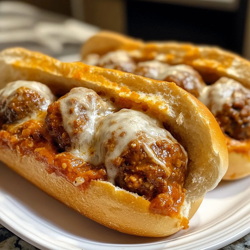 Delicious slow cooker meatball sandwiches served on soft bread rolls.