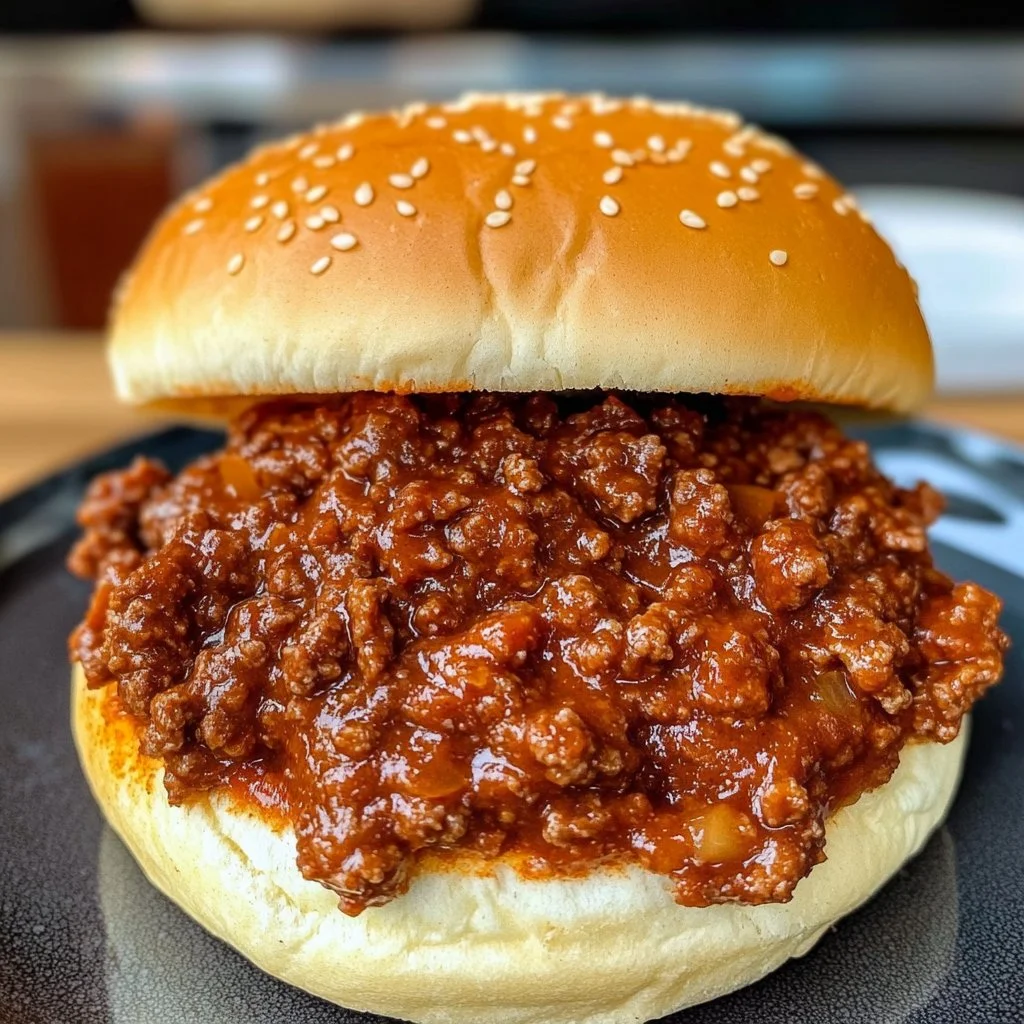 Slow cooker sloppy joes served on a bun with a side of pickles