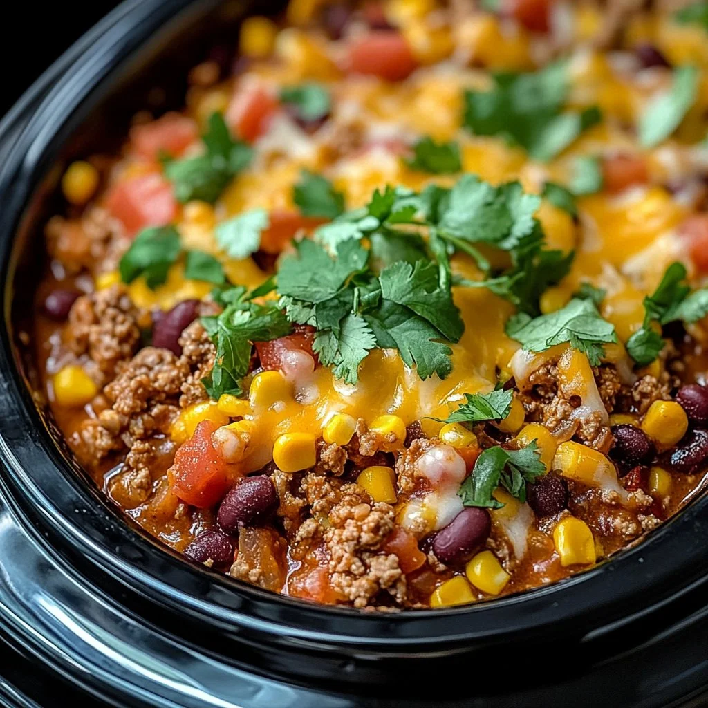 Delicious slow cooker taco casserole topped with cheese and garnished with cilantro