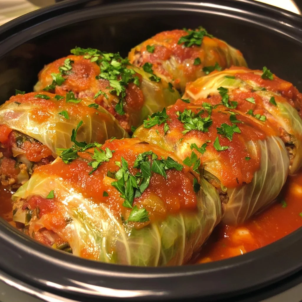 Slow cooker unstuffed cabbage rolls served in a bowl with herbs.