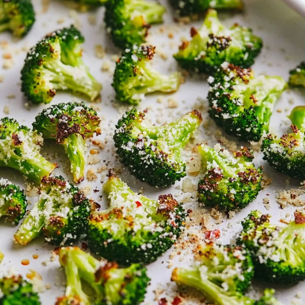 Plate of smashed broccoli seasoned with spices and garnished with lemon slices