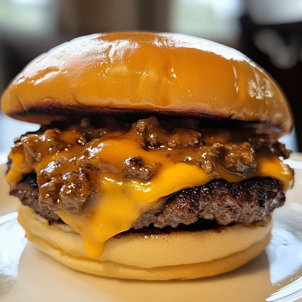 Delicious smothered hamburger with gravy and sautéed onions on a plate.