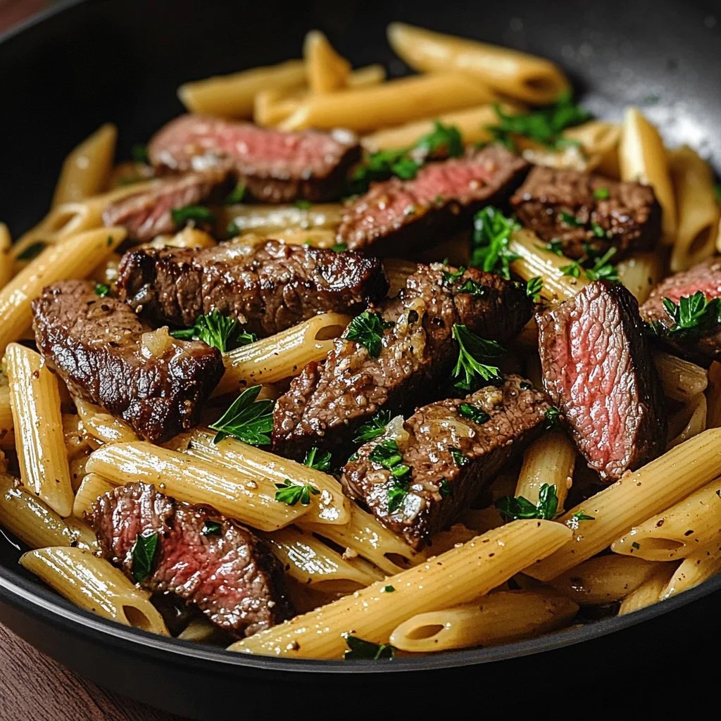 Plate of Spicy Garlic Butter Parmesan Steak Pasta garnished with herbs