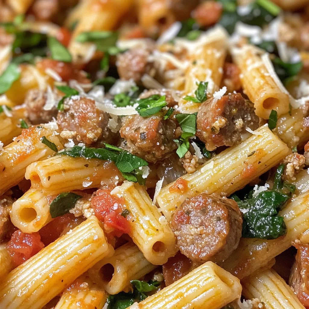 A delicious bowl of spicy sausage pasta garnished with herbs.